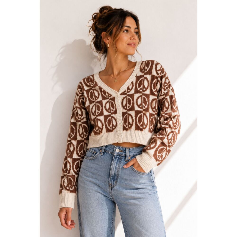 LA Hearts Peace Sign Cropped Cardigan Womens M Brown Cream Boho Hippie Knit